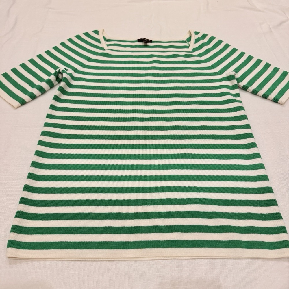Talbots Women Short Sleeve Knit Top Shirt Petite M Green White Striped Preppy